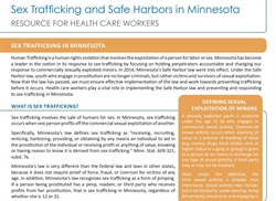 [ai] Informational flyer titled 'Sex Trafficking and Safe Harbors in Minnesota' providing resources for healthcare workers. It discusses the definition of sex trafficking, legal definitions, and the role of healthcare professionals in addressing the issue.